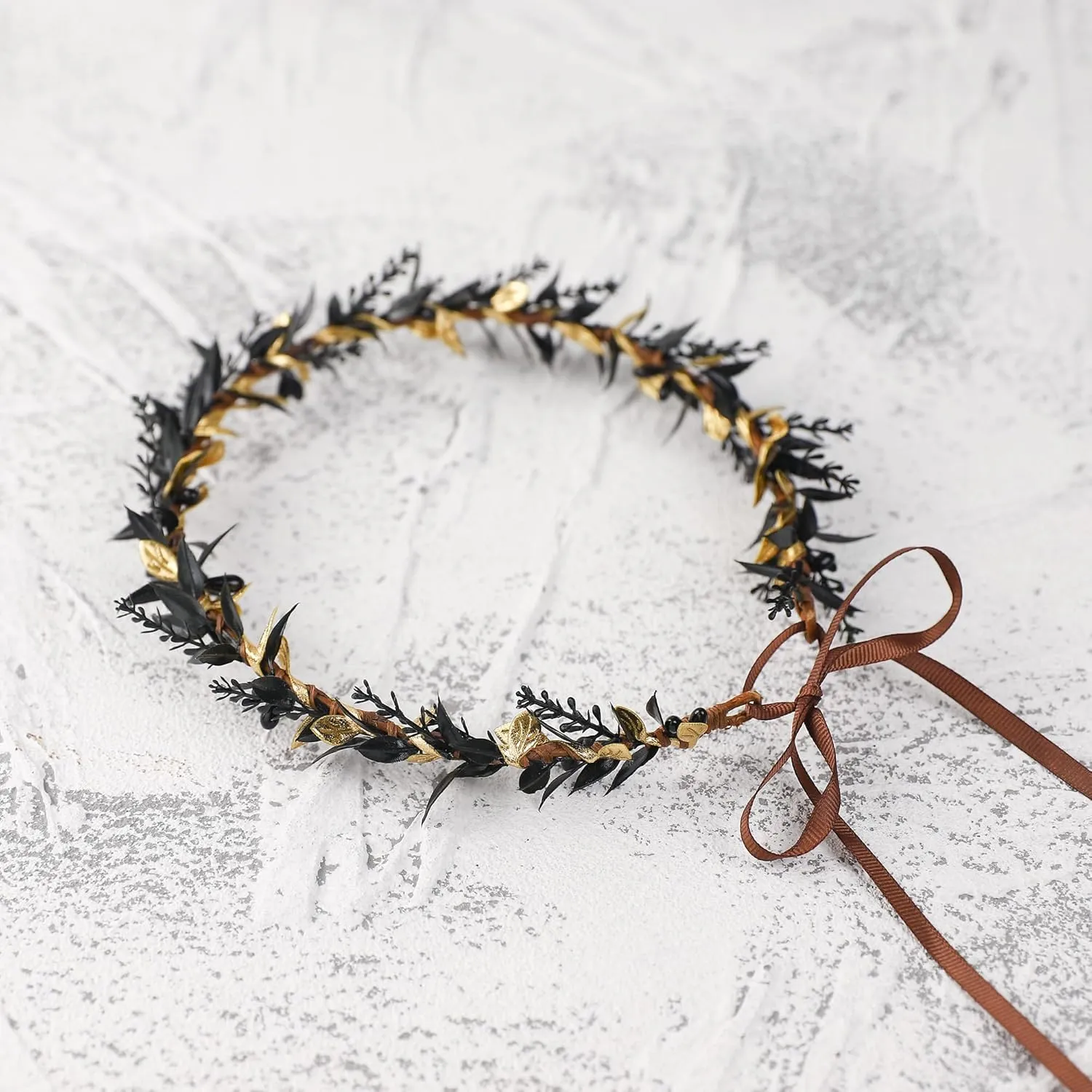 Wedding Flower Crown Fairy Headpiece - Black Wreath Headdress Renaissance for Women Girls Lady in Bridal Halloween Party Festival Gifts Photography Golden Leaf Vine