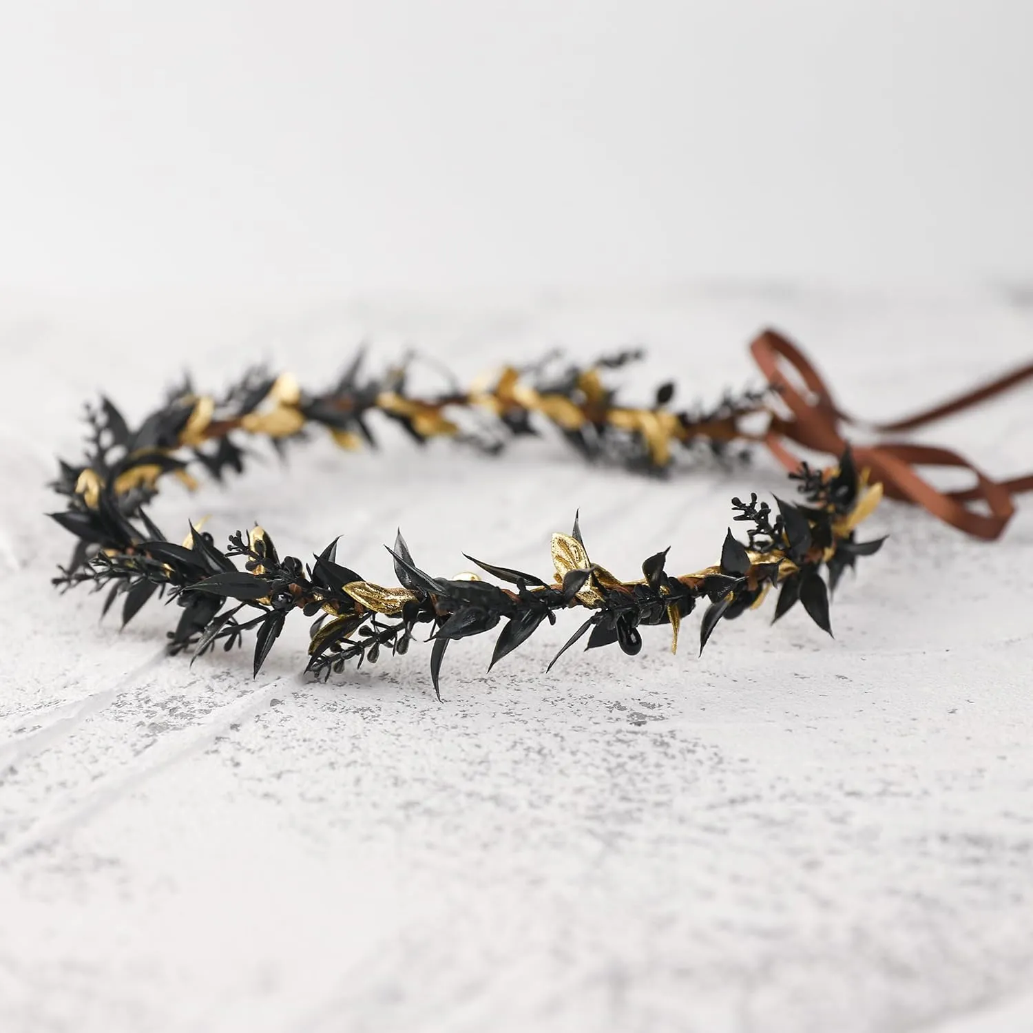 Wedding Flower Crown Fairy Headpiece - Black Wreath Headdress Renaissance for Women Girls Lady in Bridal Halloween Party Festival Gifts Photography Golden Leaf Vine