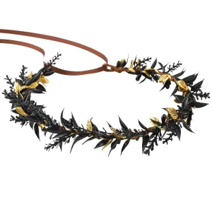 Wedding Flower Crown Fairy Headpiece - Black Wreath Headdress Renaissance for Women Girls Lady in Bridal Halloween Party Festival Gifts Photography Golden Leaf Vine