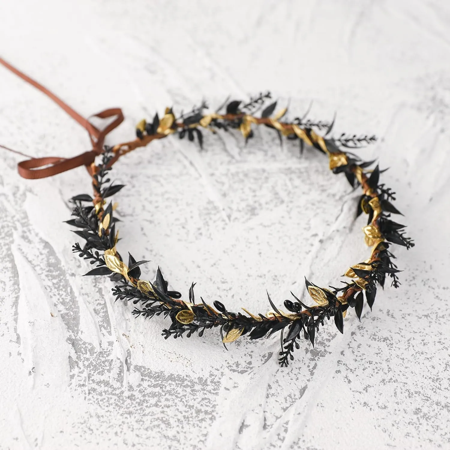 Wedding Flower Crown Fairy Headpiece - Black Wreath Headdress Renaissance for Women Girls Lady in Bridal Halloween Party Festival Gifts Photography Golden Leaf Vine