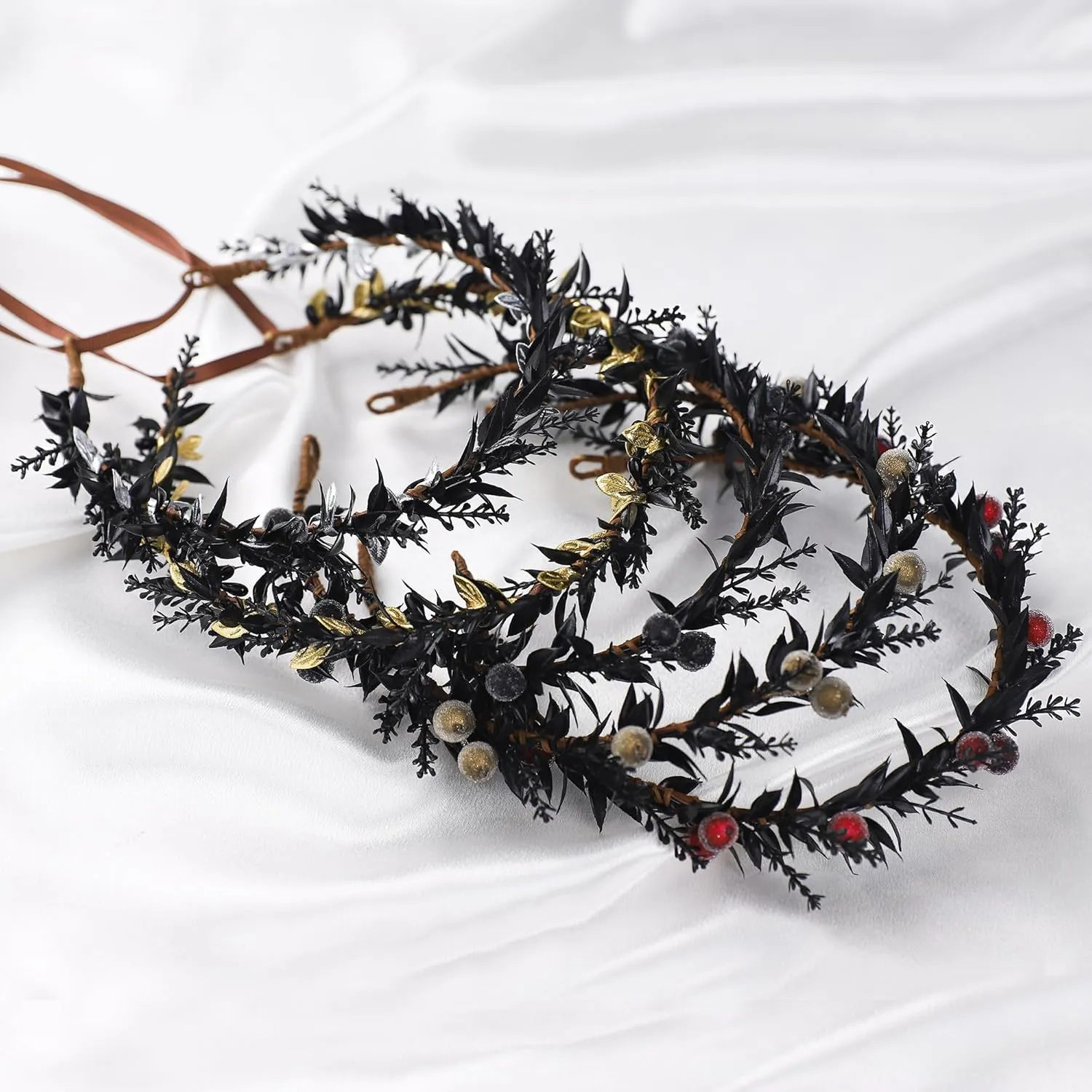 Wedding Flower Crown Fairy Headpiece - Black Wreath Headdress Renaissance for Women Girls Lady in Bridal Halloween Party Festival Gifts Photography Golden Leaf Vine
