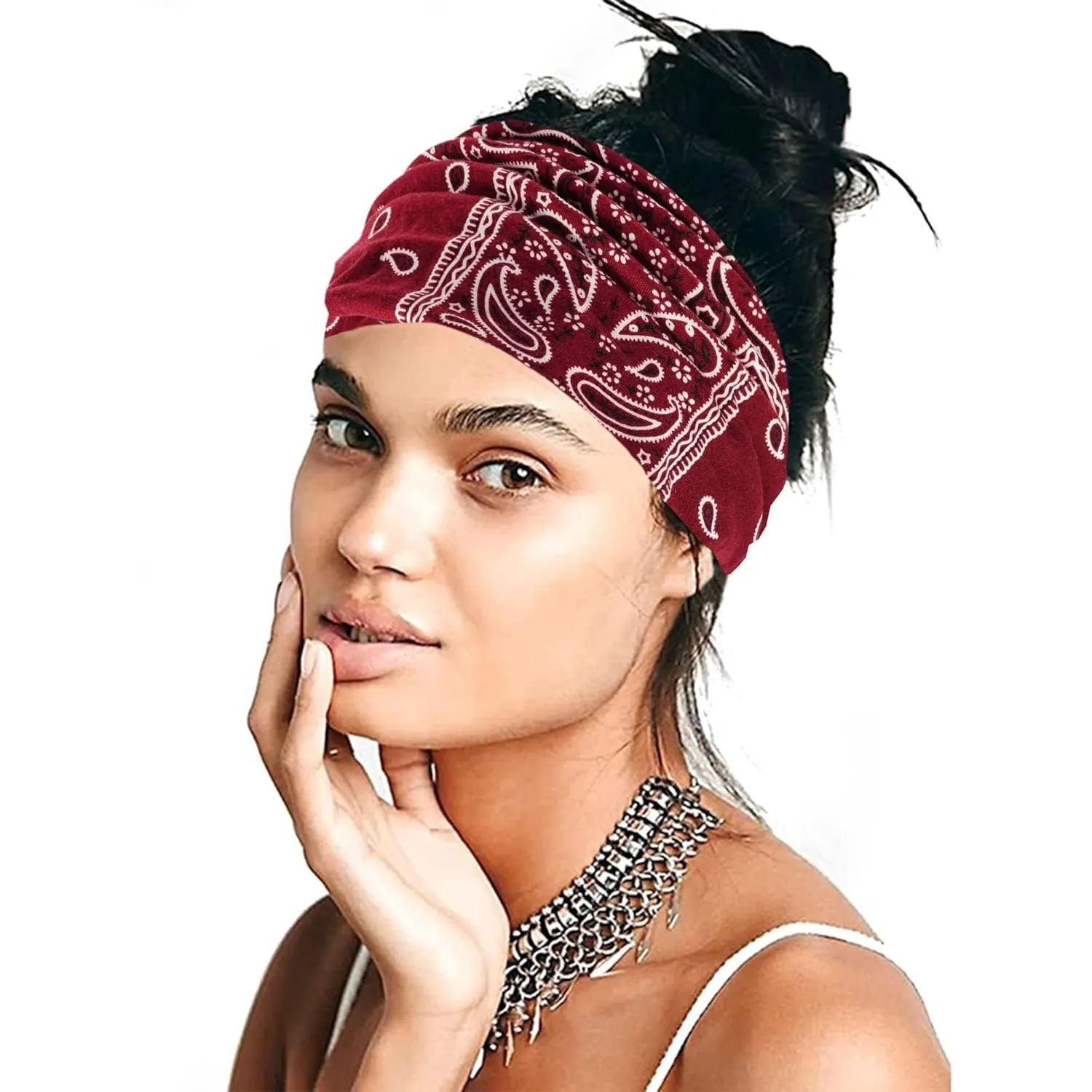 Wide Headbands for Women Boho Head Wraps Knotted Turban Elastic Hairband Stylish Bandana Headband Yoga Running Sweatband Non Slip Paisley Head Bands For Women's Hair 6 Pack