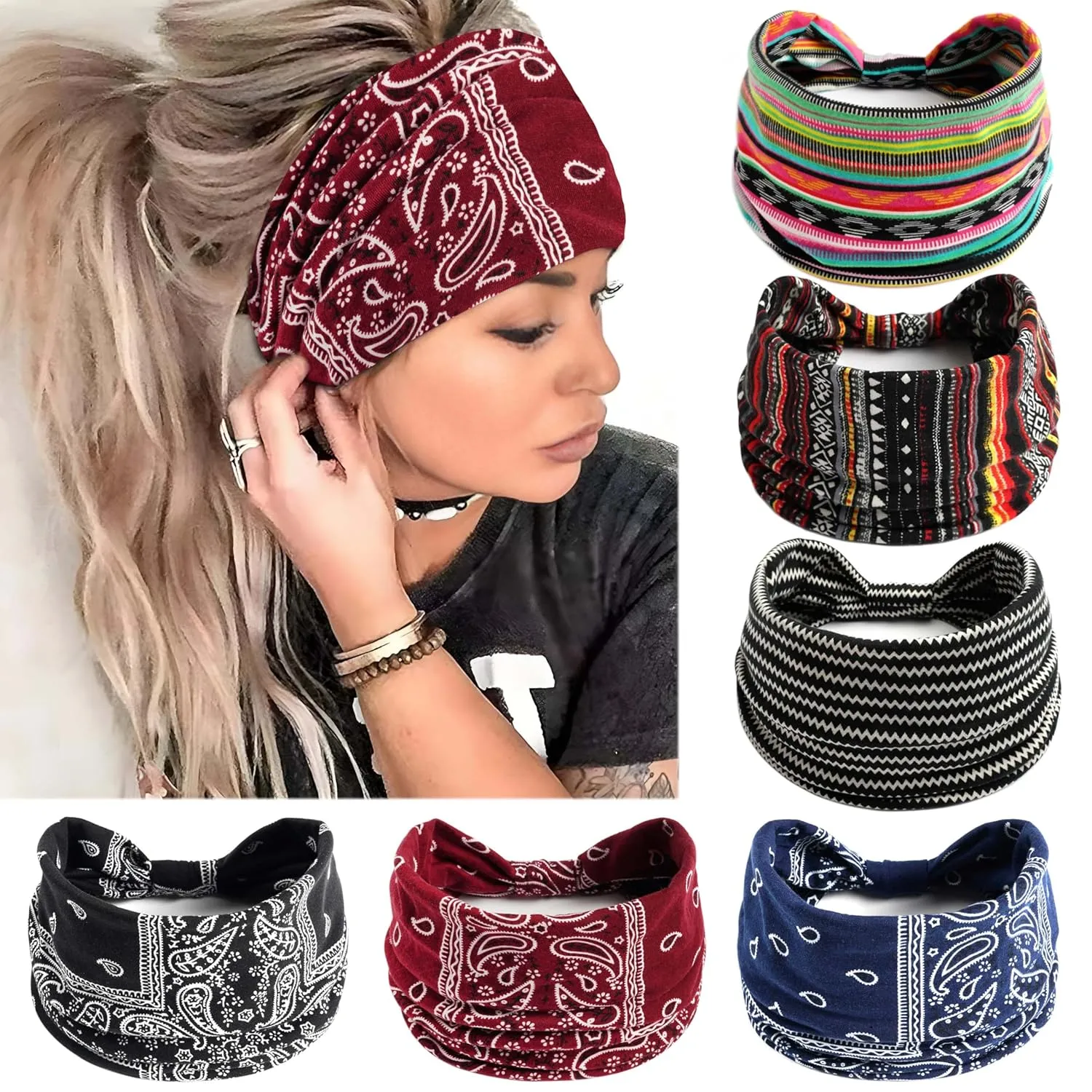 Wide Headbands for Women Boho Head Wraps Knotted Turban Elastic Hairband Stylish Bandana Headband Yoga Running Sweatband Non Slip Paisley Head Bands For Women's Hair 6 Pack