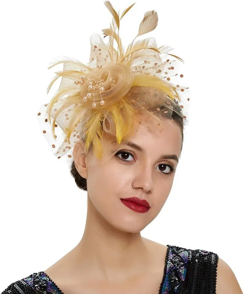 Women Fascinator Feather Flower Hair Clip Pin Brooch Corsage for Bridal Hairband Derby Hat Cocktail Party Wedding