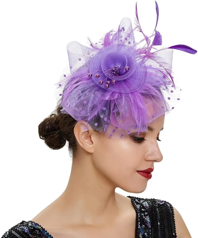 Women Fascinator Feather Flower Hair Clip Pin Brooch Corsage for Bridal Hairband Derby Hat Cocktail Party Wedding