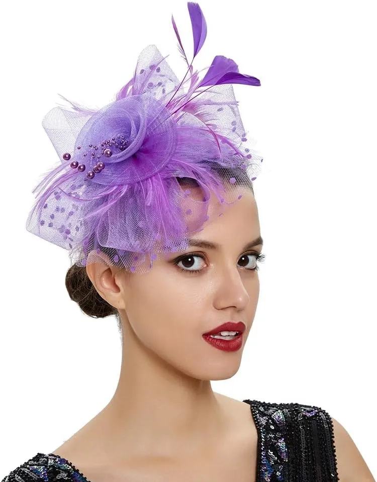 Women Fascinator Feather Flower Hair Clip Pin Brooch Corsage for Bridal Hairband Derby Hat Cocktail Party Wedding