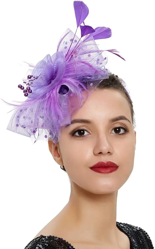 Women Fascinator Feather Flower Hair Clip Pin Brooch Corsage for Bridal Hairband Derby Hat Cocktail Party Wedding