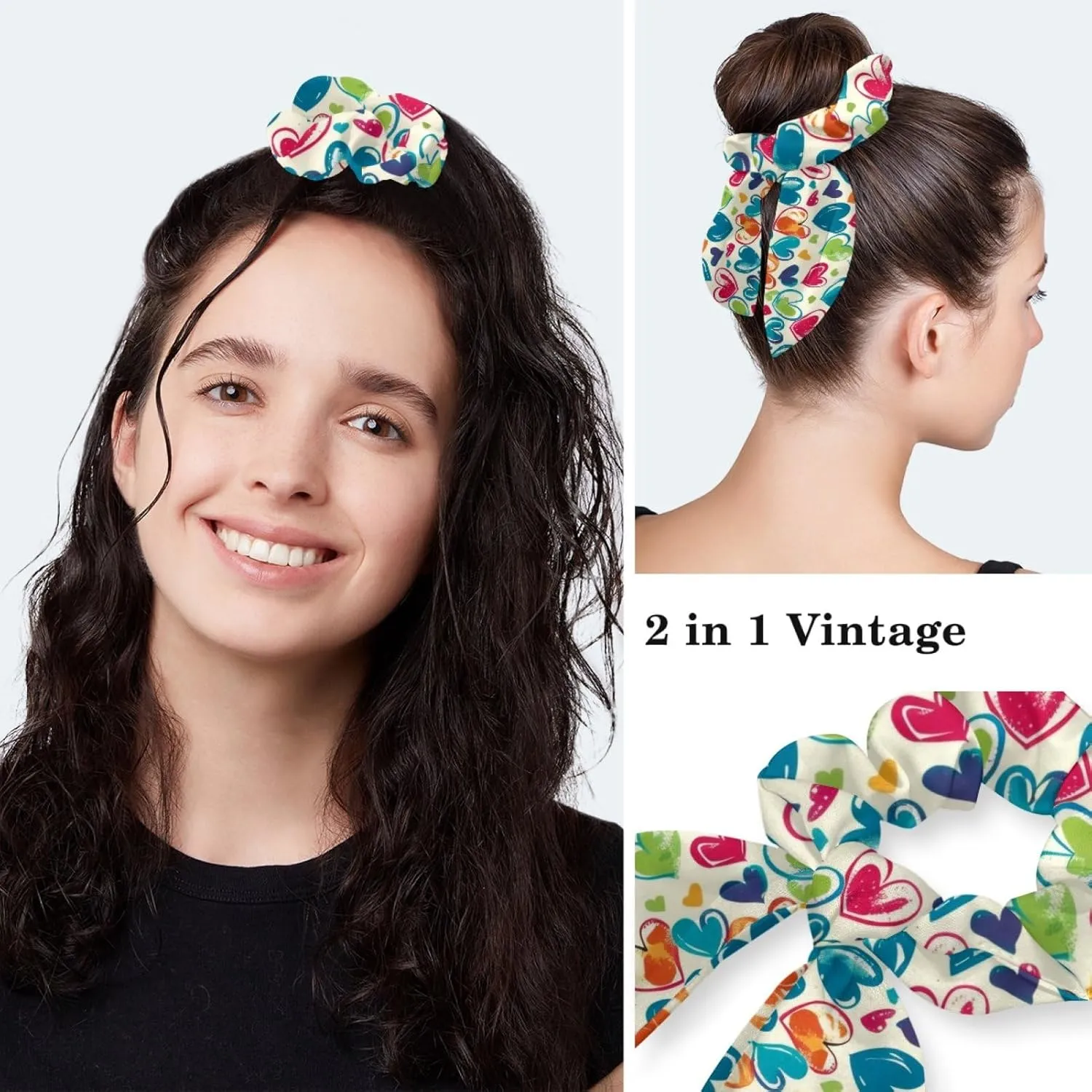 Womens Working Cap Scrub Hats with Bow Scrunchies, Heart Beat Pattern Bouffant Surgical Cap Ponytail Holder
