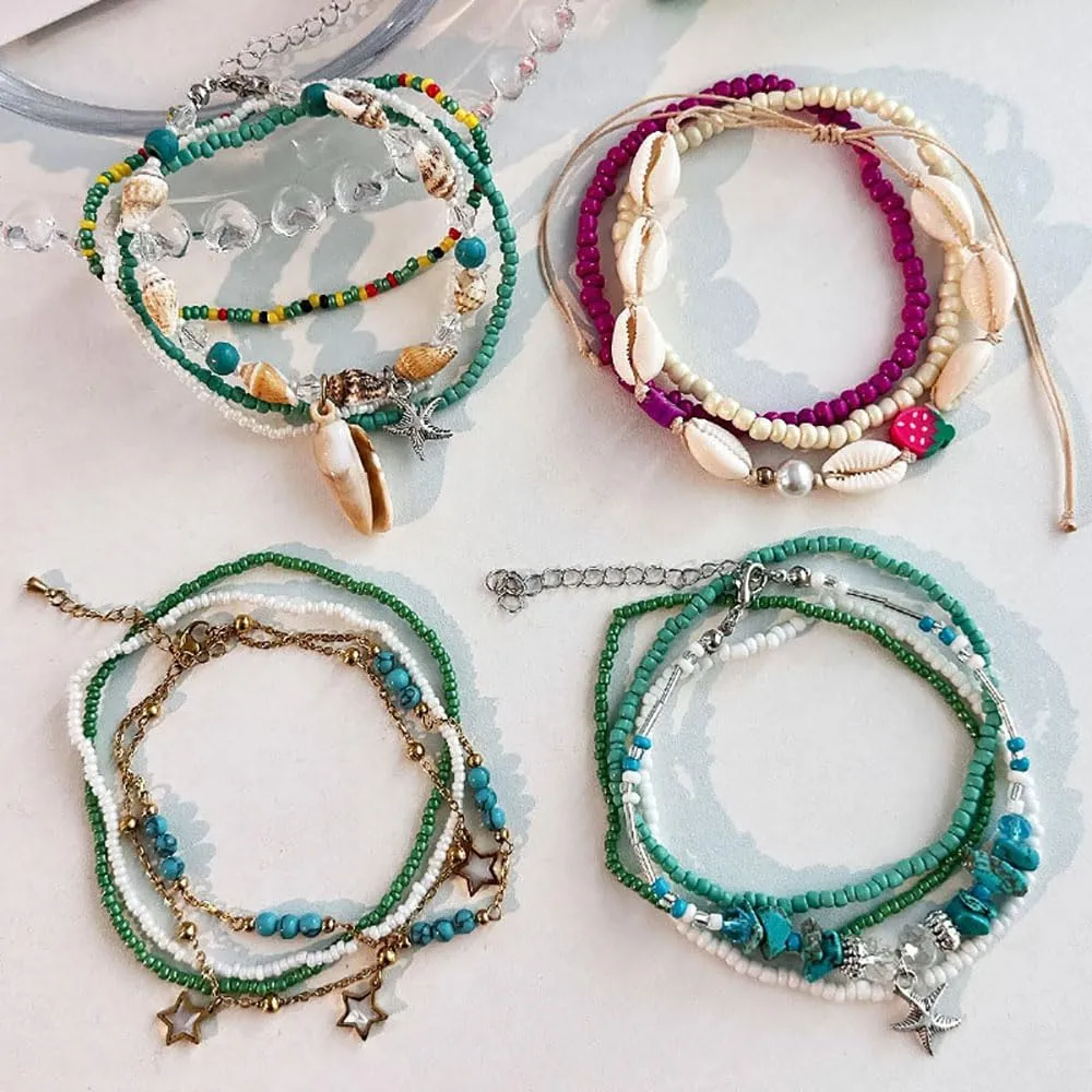 ZMANYIJEW Boho Anklets for Women Ocean Beach Shell Anklet Charm Bohemian Colorful Rice Beads Anklet Hand Woven Anklets for Women