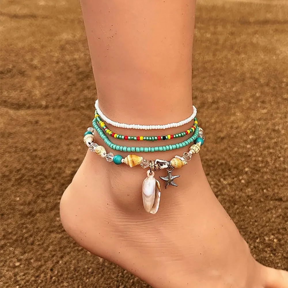 ZMANYIJEW Boho Anklets for Women Ocean Beach Shell Anklet Charm Bohemian Colorful Rice Beads Anklet Hand Woven Anklets for Women