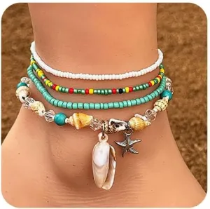 ZMANYIJEW Boho Anklets for Women Ocean Beach Shell Anklet Charm Bohemian Colorful Rice Beads Anklet Hand Woven Anklets for Women